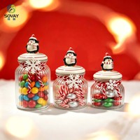 Pot en verre à couvercle en céramique, décoré de pingouins peints à la main, transparent et côtelé, 270/650/950 ml, pour le stockage de bonbons de Noël