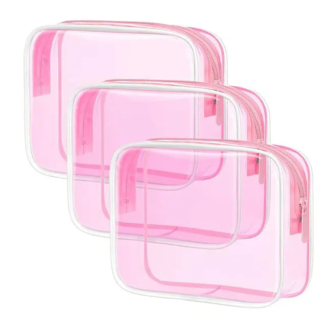 Artículos de tocador electrónicos personalizados Almacenamiento de viaje para hombres y mujeres Impermeable Claro Pvc Rosa Bolsas de cosméticos Logo