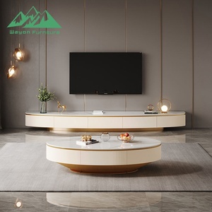 Meuble TV moderne de luxe en bois avec plateau en marbre et ensemble table basse assortie, doté d'une <span class=keywords><strong>console</strong></span> beige et d'un design d'armoire flottante - Product Image 1