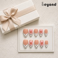 Kuku Palsu Handmade Grosir PMMA Pink 3D Floral Black Polka Dot French Tip Full Cover 10 Pcs