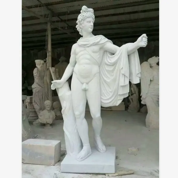 Venta caliente famoso al aire libre jardín tallado mármol blanco desnudo Apollo de estatuas griegas