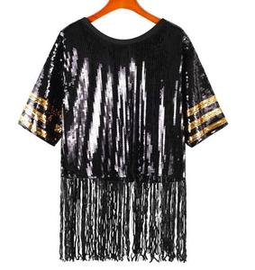 Women's New Round Neck Short-sleeved Sequin Sexy Black and Gold Game Day Sequin Jersey T-shirt Jumper <strong>Top</strong> with Tassel Dress - Product Image 5