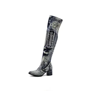 Denim Shoes Without Laces Casual Girls Canvas Women Thick High Heels Thigh High Boots Low Heel Cowboy Boots