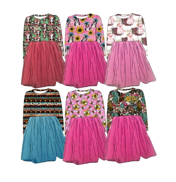 FuYu Western Cowboy Pattern Printed Top Solid Saree Dress Long Sleeve Spring Girls Custom Dresses