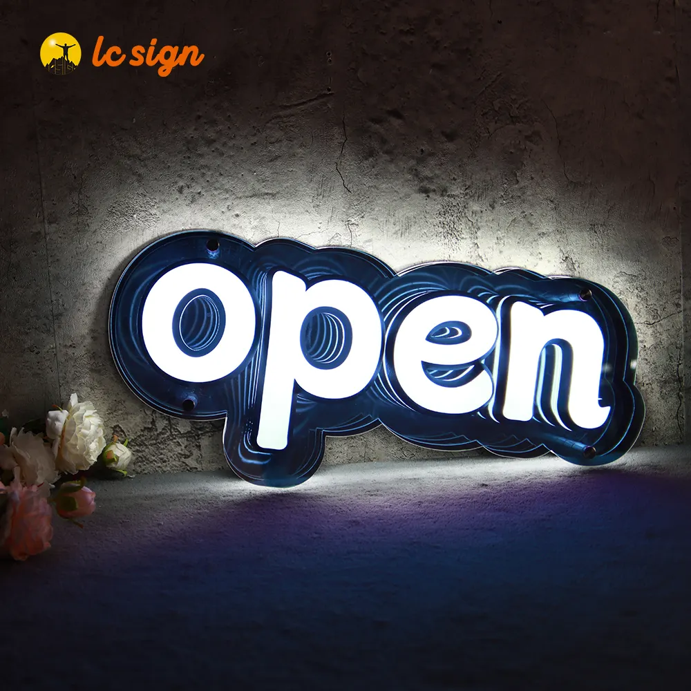 Nouveau signe ouvert miroir infini acrylique lettre pour mur logo enseigne