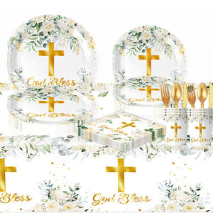 Cruz Floral Blanca Decoraciones <span class=keywords><strong>para</strong></span> Fiesta de Bautismo Platos de Papel Vasos Servilletas <span class=keywords><strong>para</strong></span> <span class=keywords><strong>Bautizo</strong></span> Baby Shower Celebración de Primera Comunión - Product Image 1