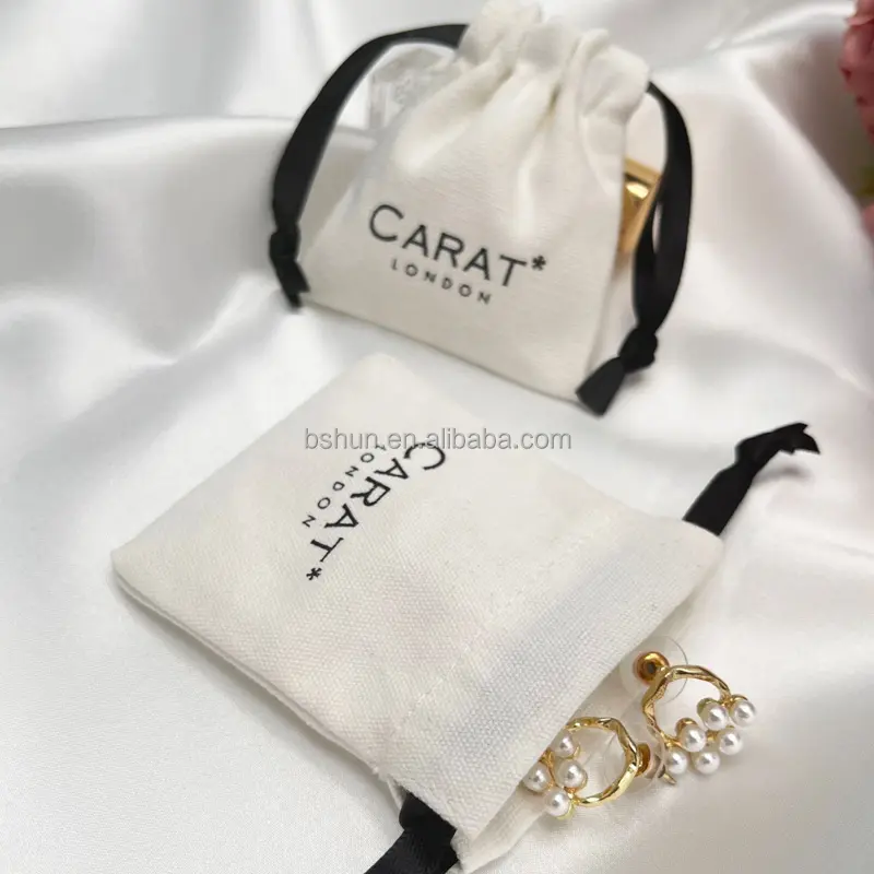 Bolsa pequeña de algodón blanca con logotipo impreso personalizado, bolso de lona de alta calidad con cordón para anillo, pendientes, pulsera, regalo, bolsa para joyería