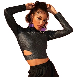 T-shirt décontracté Oem personnalisé à <span class=keywords><strong>col</strong></span> haut à manches longues et à paillettes découpées pour femmes - Product Image 1