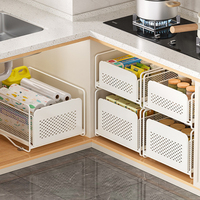 Prix de gros : Organisateur de rangement blanc pour armoire de cuisine, avec tiroir coulissant, porte-couvercles de casseroles, porte-cuillères et panier pour armoire sous évier