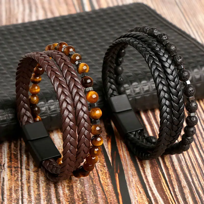 Handgemaakte Geweven Tijgeroog Natuursteen Legering Heren Armband Lederen Lava Kralen Armband Fabriek Groothandel