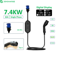 Nouveau chargeur EV portable intelligent 7,4 kW Type 2 avec écran OLED, charge programmée, courant réglable, prise CEE 3 broches, IP65, CE, EVSE de voyage