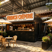 Kiosque mobile de café en conteneur extensible, structure en acier modulaire avec terrasse sur le toit, escalier extérieur, centre commercial en plein air