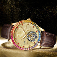 Montre mécanique squelette en diamant coloré pour hommes Montre-bracelet creuse automatique en cuir à la mode pour hommes