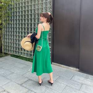 Vestido de Gasa Tallas Grandes para Mujer, Corte A, Cuello Halter, Cintura Natural, Verde y Negro, Plisado Cruzado N8429 - Product Image 1