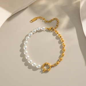 New French Style Non Tarnish 18k Gold Plated Stainless Steel Chain Simple Oval <b>Pearl</b> <b>Bracelet</b> for Women Jewelry - Product Image 2