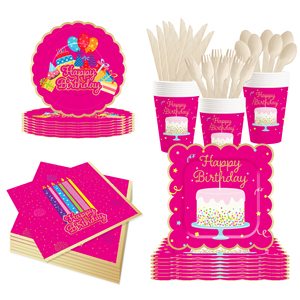 DAMAI Hot Pink Happy Birthday Party Theme Table Decorations Kit Disposable <b>Paper</b> Plates Banner Napkin Party Tableware Set - Product Image 2