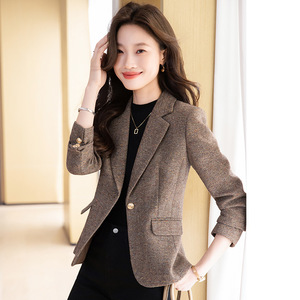 Women's <b>Wool</b> Blazer <b>Brown</b> Solid Color Anti-Wrinkle Autumn Winter 2025 Petite Style Coat - Product Image 1