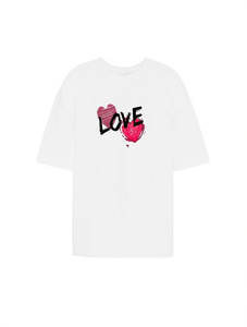 T-shirt da donna con stampa Love Heart, vestibilità ampia, girocollo, manica corta, casual, in jersey di cotone bianco, top alla moda primavera estate - Product Image 1
