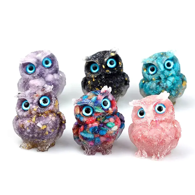 Nouvel arrivage de pierres précieuses naturelles sculptées à la main en résine de cristal hibou Animal décor Reiki résine de cristal hibou