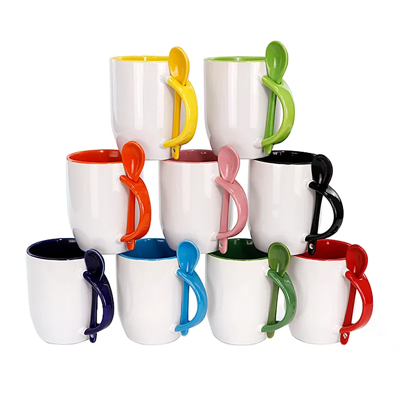 Sabulimation ceramic mugs supplier 11 oz colorful inside and white outside blank coffee cups with spoon for promotional gifts