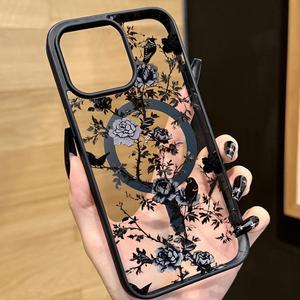 Nouvelle <span class=keywords><strong>coque</strong></span> de téléphone magnétique noire à motifs floraux pour <span class=keywords><strong>iPhone</strong></span> 16 17 Pro Max, <span class=keywords><strong>coque</strong></span> arrière classique antichoc <span class=keywords><strong>transparente</strong></span> mixte - Product Image 1