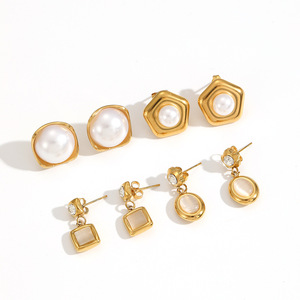 Boucles d'oreilles clous géométriques en perles, plaqué or, alliage de zinc, serti clos, bijoux de mode - Product Image 3