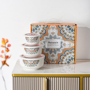 Ceramic Rice Bowl Fresh-keeping Bowl Three-piece Gift <b>Box</b> Gifts Food <b>Storage</b> Container - Product Image 2