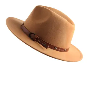 New British Style Wool Fedoras Hat With Belt Men Women Wide Flat Brim Felt Woolen Cap Solid Color Spring Autumn Cowboy Jazz Hats