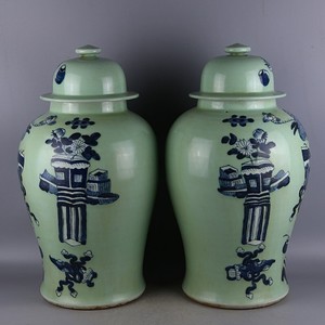 Trung Quốc Cổ Tay Sơn Sứ Màu Xanh Và Trắng Gốm Trang Trí Bình Gừng Bộ 2 - Product Image 2