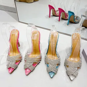 Chaussures pour femmes transparentes à talon haut tressé et bout pointu avec strass, paillettes, nouveauté, Amazon 2022