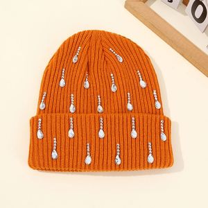 Gorro de Punto Unisex para Invierno, Gorro de Moda con Pedrería y Perlas, Gorro Casual de Color Sólido para Uso Diario y Fiestas - Product Image 2