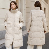 Damen-Daunenjacke aus 100% Schafsleder, Langer Gerader Wellenförmiger Gesteppter Mantel mit Hohem Stehkragen & Taillendetail