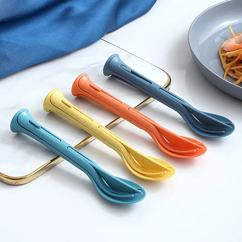 Hot Sale Plastic 3Pcs Travel Knife Fork Spoon Cutlery Children Stackable Tka 1 Box Wheat Straw dinnerware sets