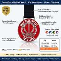 Médaille de basket-ball personnalisée en alliage de zinc argenté Shibo, émail rouge, gravure laser HEAT, trophée durable, ruban noir pour compétition