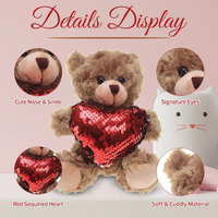 Ours en peluche marron mocha de 6 pouces, tenant un cœur à sequins réversibles rose, arc-en-ciel et rouge, ornement souvenir câlin