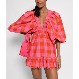 ENYA Women Custom Short Dress Big <strong>Red</strong> Pink <strong>Gingham</strong> Pattern Off Shoulder Mini Dress Bishop Sleeves Quality Polyester Cotton Dress - Product Image 5