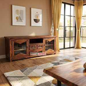 Mueble de TV modular de madera de Sheesham con 2 puertas de vidrio y 3 cajones, hecho a mano para el hogar, hotel o casa de campo. - Product Image 6