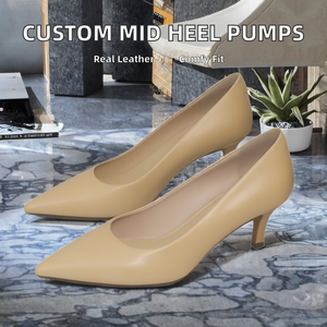 Chaussures à talons mi-hauts personnalisées en gros, confortables et souples, pour le printemps/été, à bout pointu, en cuir véritable, talons fins - Product Image 2