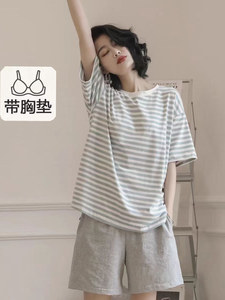 Ensemble de pyjama 2 pièces Woodpecker 2026 nouveau style en pur coton pour femme, à manches courtes, rayé, au-dessus du genou, pour la maison et l'extérieur - Product Image 5
