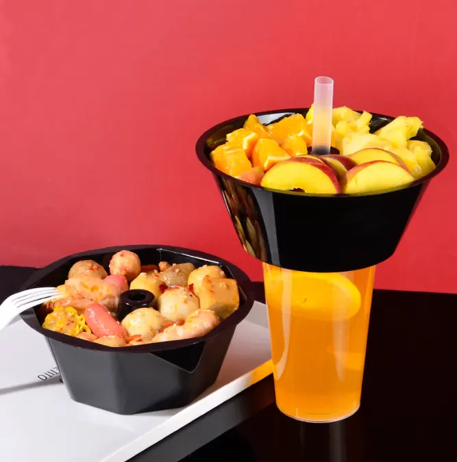 Takeaway gıda ambalaj kutusu tek kullanımlık 2 in 1 aperatif tepsisi ve içecek hotpot kabarcık fincan kase ile üst siyah plastik bardak tutucu