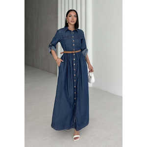 เดรสเชิ้ตยีนส์ทรงยาวดีไซน์หรูหรา พร้อมปกเสื้อพับลงและดีไซน์ผ่าข้างสำหรับผู้หญิง - Product Image 6