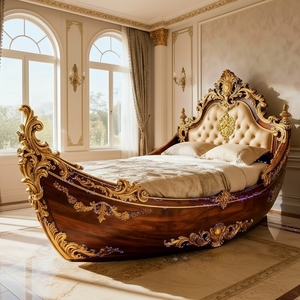 Letto a Forma di <span class=keywords><strong>Galeone</strong></span> Reale di Lusso con Cornice in Legno Intagliato e Finiture Dorate per Villa e Hotel - Product Image 1