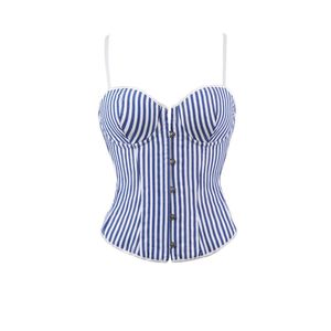 Women's Blue White Striped <b>Corset</b> Camisole With Buttons Thin Shoulder Straps <b>Shapewear</b> Top - Product Image 1