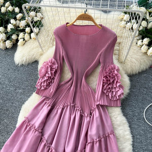 Vestido con Volantes y Decoración Floral para Mujer, Manga Larga, Cintura Plisada, Estilizador, Falda Amplia con Gran Vuelo - Product Image 5