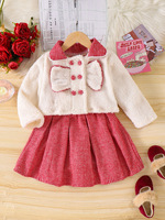 Ensemble bébé 2026 en plaid rouge et blanc, robe longue en viscose à manches longues, manteau en peluche à nœud, cardigan 2 pièces