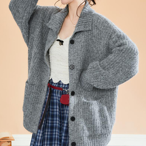 <strong>Women's</strong> Gray <strong>Chunky</strong> Ribbed Turtleneck Oversized <strong>Cardigan</strong> - Cozy Casual Daily Top - Product Image 4