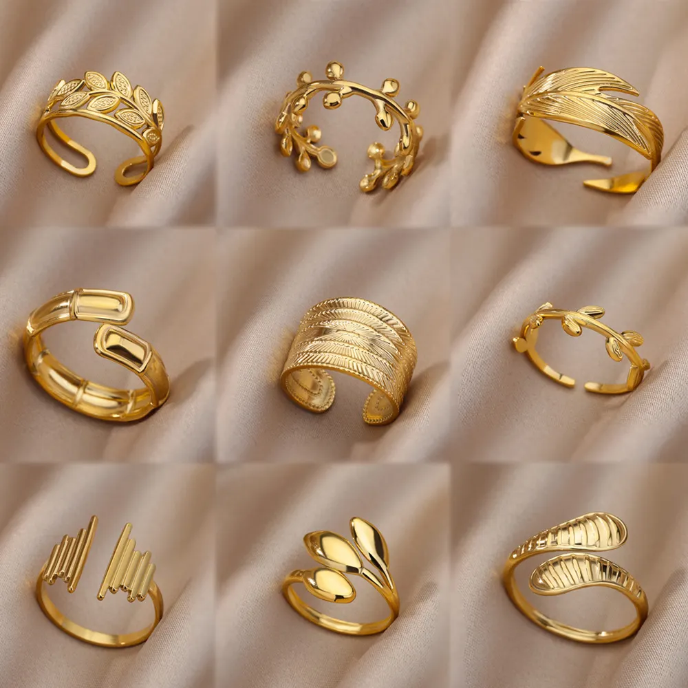 Joyería de acero inoxidable, venta al por mayor, anillos geométricos de hoja, anillo ajustable chapado en oro de 18 quilates, anillos de joyería de moda