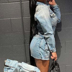 Mini-jupe bleue tendance, ensemble sexy 1 pièce, robe en jean multi-poches, mini-jupes pour femmes, robe en jean décontractée - Product Image 2