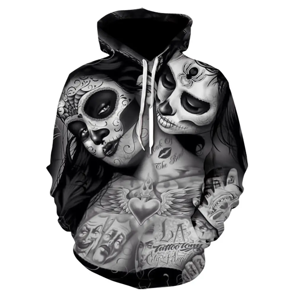 Hot Sell Skull Pattern Hoodie 3D Digital Printing Fashion Casual Three-dimensional Patch Pocket Pullover Jumper