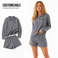 Ensemble tricoté rayé pour femme, col mandarin et short, deux pièces, coupe ample, en laine, automne, vente en gros personnalisée ODM